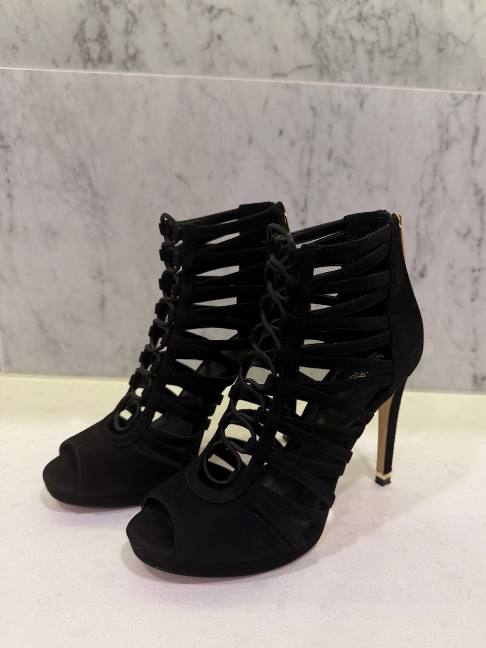 Michael Kors Clarissa Black Suede Platform Peep-Toe Zip Heel